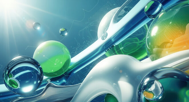 Dynamic abstract composition with transparent spheres and futuristic circuit board elements, evoking innovation and technology