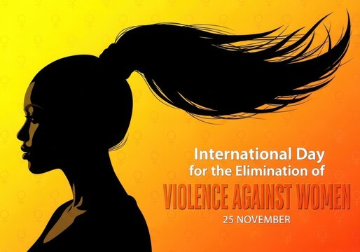 Silhouette of a woman with flowing hair against a vibrant yellow and orange gradient background, with text international day for the elimination of violence against women, 25 november