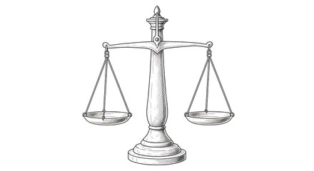 Detailed hand-drawn vintage balance scale, symbolizing justice, equality, and legal principles, ideal for ethical themes, fairness concepts, and decision-making designs