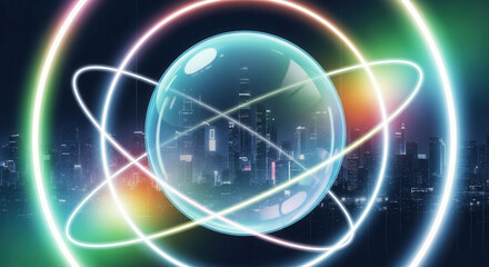 Futuristic glowing orbits encircle a shimmering bubble reflecting a vibrant cityscape at night, symbolizing innovation and global connection.