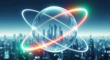 Captivating futuristic cityscape encased in a glowing orb symbolizing global connection and digital innovation for modern business strategies