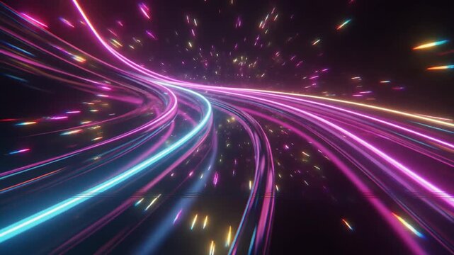 ネオンが奔るサイバースパークとグリッチのエネルギッシュな抽象光景