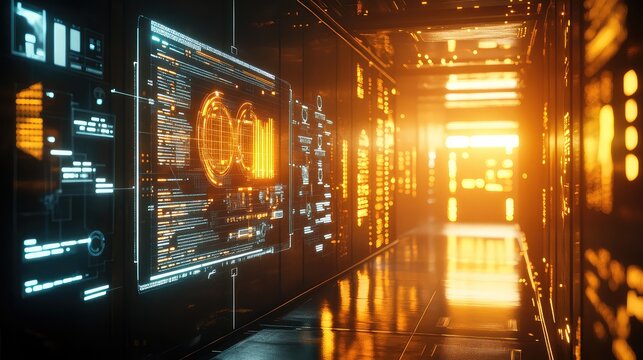 Data processing in modern server room with glowing code