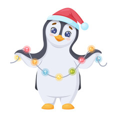 festive cartoon penguin in santa hat smiling with sparkling string lights and cheerful expression