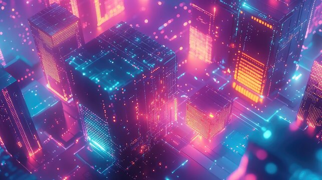 Futuristic cyberpunk city processing data with glowing neon circuits