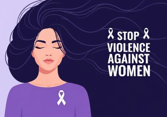 Illustration of a woman with long dark hair and closed eyes, advocating to stop violence against women with a purple ribbon symbol