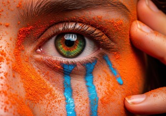 Closeup of a persons eye with green iris, covered in orange powder and blue tears, symbolizing emotional distress and artistic expression