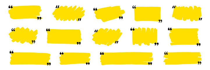 Fototapeta premium Quotation mark text box frame set. Hand drawn marker brush stroke text message frame background. Quotation mark dialog speech, square, chat banner design template. Vector illustration