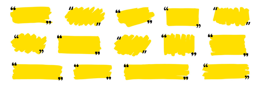 Quotation mark text box frame set. Hand drawn marker brush stroke text message frame background. Quotation mark dialog speech, square, chat banner design template. Vector illustration