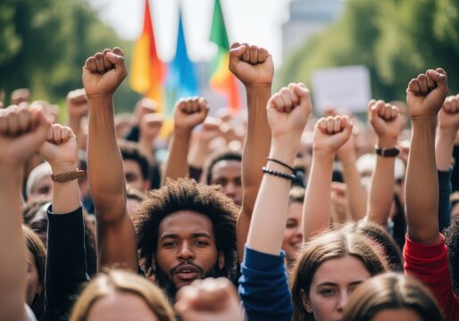 A diverse crowd of people raising their fists in the air, a symbol of protest, solidarity, and activism, with rainbow flags in the background - Powered by Adobe