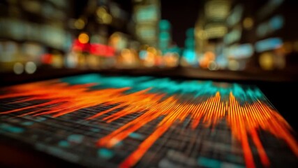 Abstract digital lines and grid over blurred city lights background - Powered by Adobe