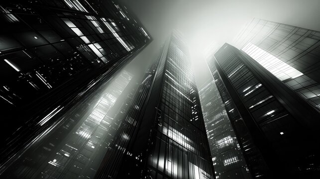 Modern city skyscrapers reaching into a foggy night sky