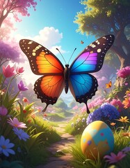 A vibrant garden path leads the eye to a giant butterfly with rainbow wings. Easter egg rests in grass