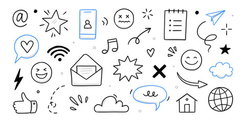 Emoji internet sketch icon set. Internet conversation, media outline tech emoji, star, arrow shape. Hand drawn sketch chat emoticon reaction, digital cloud, smile face elements. Vector illustration