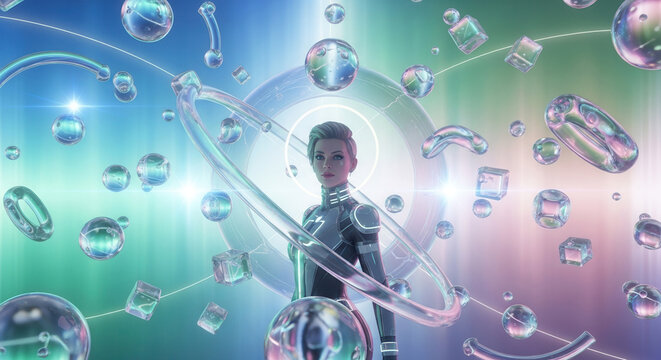 Futuristic woman surrounded by iridescent geometric shapes and glowing orbs in a vibrant cosmic wonderland