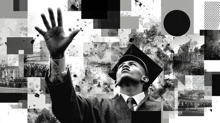 Monochrome graduation portrait with abstract collage elements.