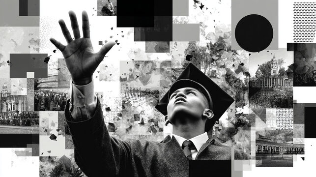Monochrome graduation portrait with abstract collage elements.