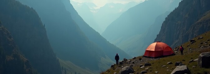 snowy ridge with orange expedition tents, crew preparing gear under crisp blue sky, footprints leading toward camp, panoramic alpine peaks framing scene, cold light and remote adventure mood