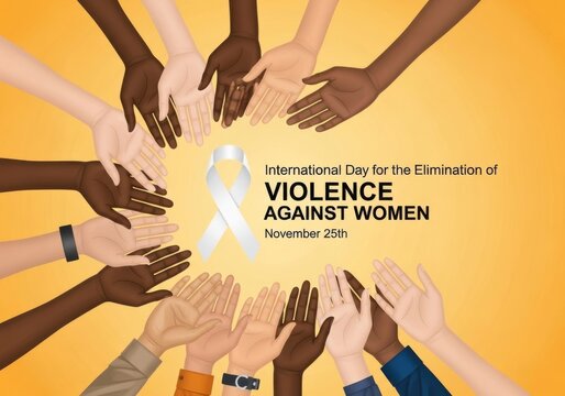 Diverse hands reaching up around a white ribbon and text for international day for the elimination of violence against women - Powered by Adobe