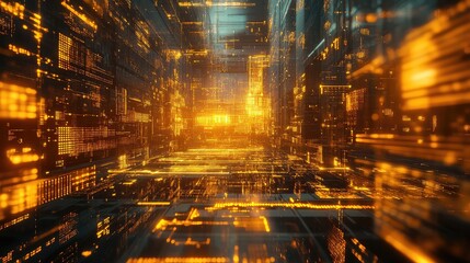 Digital data flowing through futuristic circuit board network