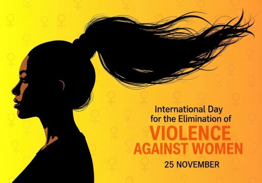 Silhouette of a woman with flowing hair against a vibrant yellow and orange gradient background, symbolizing the international day for the elimination of violence against women on november 25
