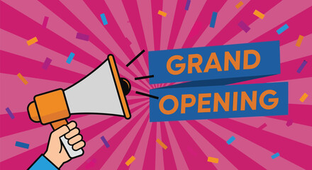 Grand opening announcement with megaphone and confetti background