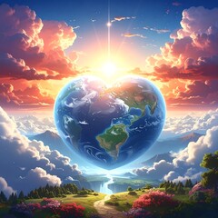 A vibrant, heartwarming scene shows a heart-shaped planet Earth against a backdrop of a colorful sunset, mountains, and fluffy clouds