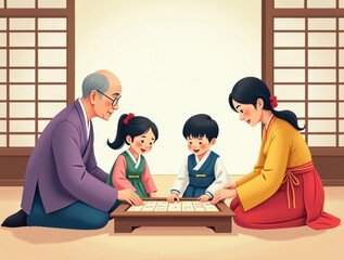 Korean family playing go game in traditional hanbok clothing