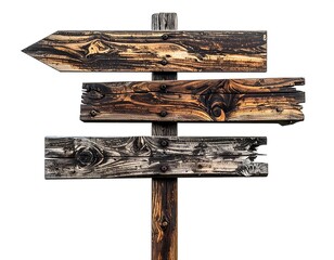 Weathered wooden directional sign isolated against a white background