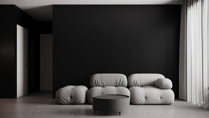 The moderrn minimal living room and cozy sofa mock upand empty black wall background. 3d rendering
