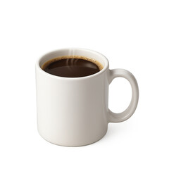 Simple white ceramic mug filled with hot black coffee, isolated on a white background