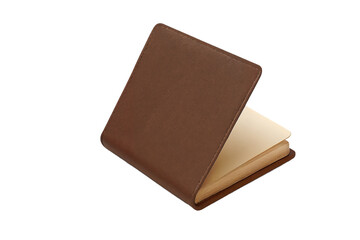 Open brown leather-bound notebook with cream-colored pages, isolated on a white background
