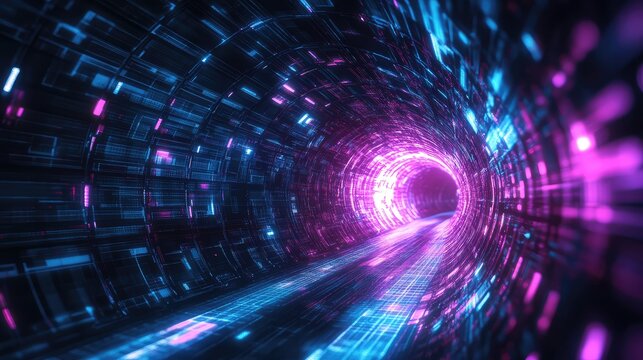 Futuristic digital tunnel with glowing neon lights - Powered by Adobe