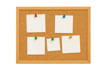 Empty wooden bulletin board with five blank cork notices pinned with colorful pushpins in red, blue, green, and yellow