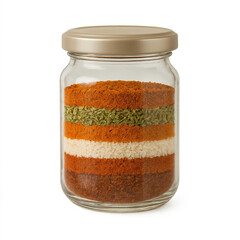 Stacked Spices in Clear Glass Jar with Metal Lid, Assorted Ground and Powdered Seasonings in Layers, Culinary Ingredient for Cooking and Flavoring