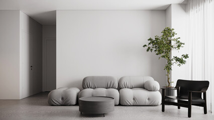 The moderrn minimal living room and cozy sofa mock upand empty white wall background. 3d rendering