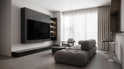 The house and living and moderrn living room and minimal sofa set decor and tv on wooden wall background. 3d rendering