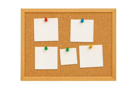 Empty wooden bulletin board with five blank cork notices pinned with colorful pushpins in red, blue, green, and yellow