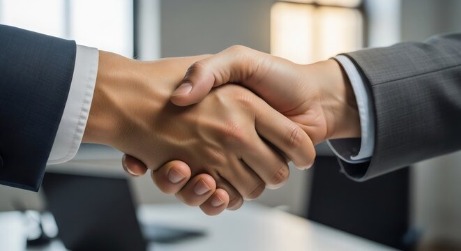 Close-up of two businessmen in suits shaking hands in an office, symbolizing a successful partnership agreement