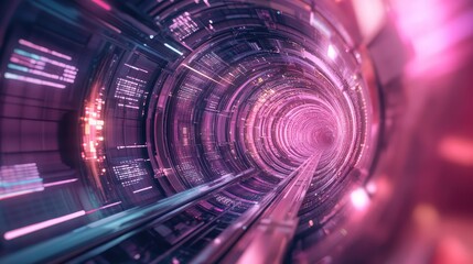 Digital data flowing through futuristic pink illuminated tunnel
