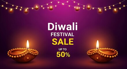 Diwali festival sale up to 50 percent off with lit diyas and festive lights background