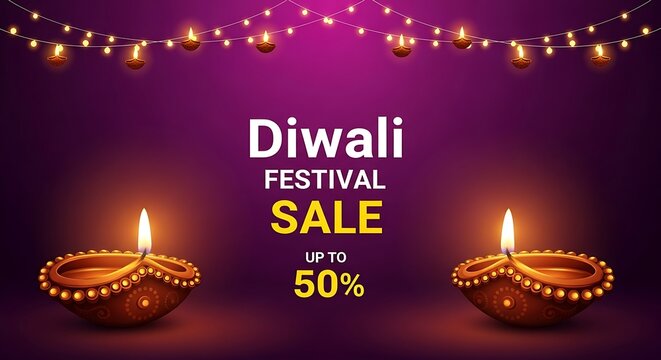 Diwali festival sale up to 50 percent off with lit diyas and festive lights background
