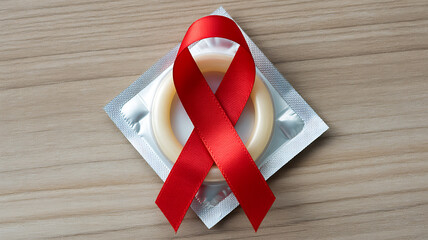 Red Ribbon On Condom Packaging On Wooden Surface aids awareness std prevention
