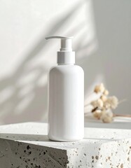 White dispenser bottle sits on a textured surface