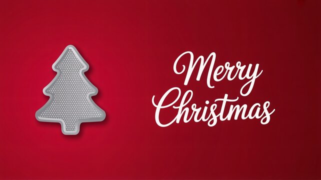 Merry Christmas greeting card with silver tree on red background