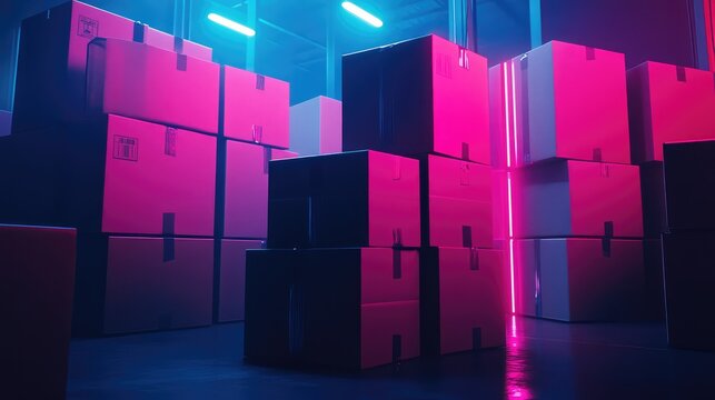 Warehouse filled with boxes glowing with neon lights
