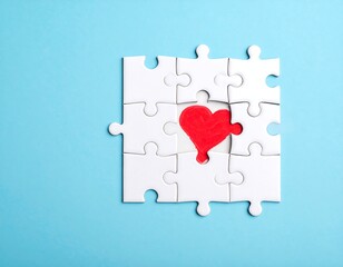 White puzzle pieces framing a red heart on a bright blue background