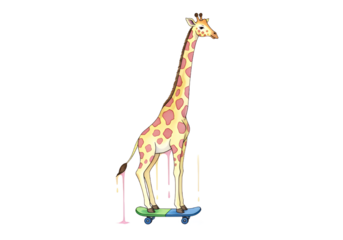 Radical giraffe shredding on a skateboard, a whimsical and cool illustration perfect for kids' designs, cartoons, or fun animal-themed projects