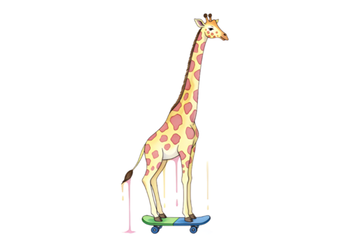 Radical giraffe shredding on a skateboard, a whimsical and cool illustration perfect for kids' designs, cartoons, or fun animal-themed projects