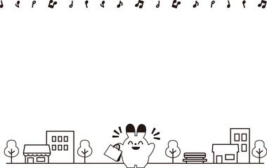 バンザイをする買い物うさぎと街のフレーム（モノクロ）